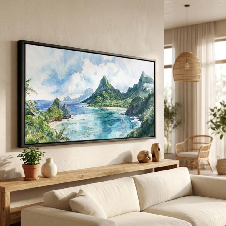 01 - American Samoa National Park Watercolor - Panorama Canvas Print in Scandi Living Room with Black Floater Frame - Main.jpg