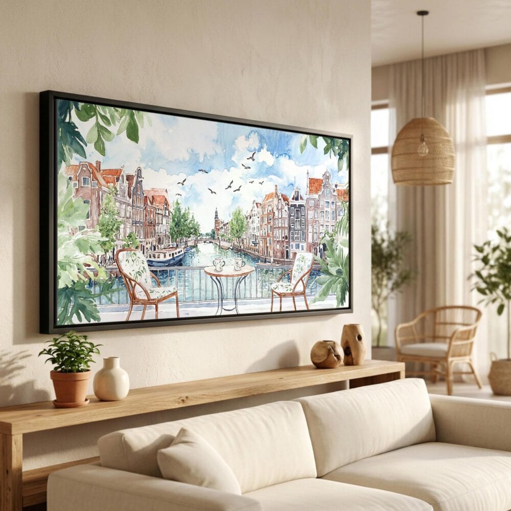 01 - Amsterdam Balcony View Watercolor - Panorama Canvas Print in Scandi Living Room with Black Floater Frame - Main.jpg