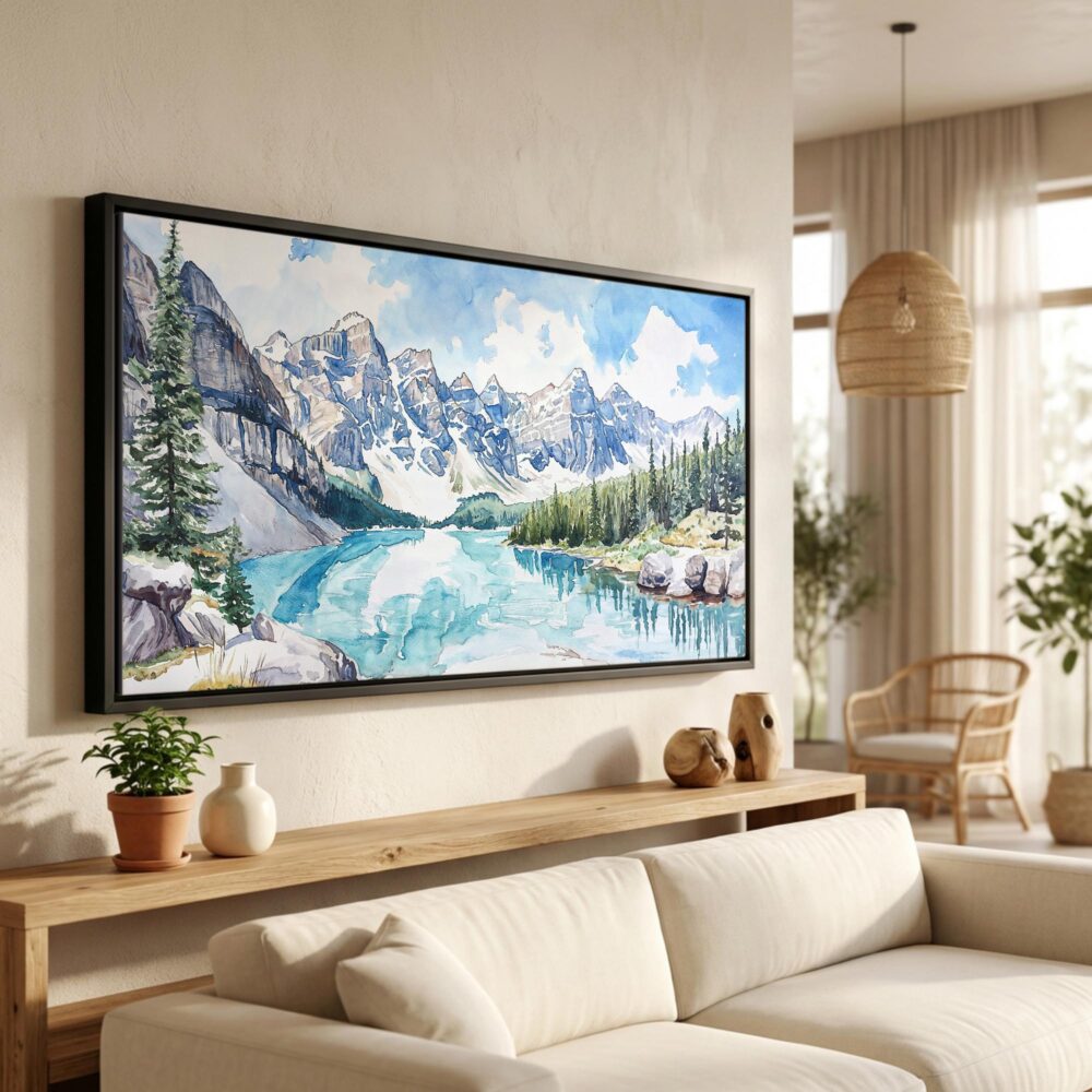 01 - Banff National Park Watercolor - Panorama Canvas Print in Scandi Living Room with Black Floater Frame - Main.jpg