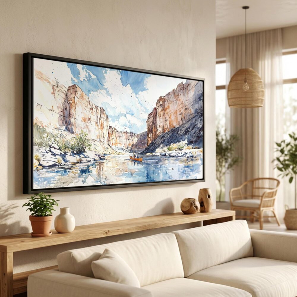 01 - Big Bend National Park Watercolor - Panorama Canvas Print in Scandi Living Room with Black Floater Frame - Main.jpg 01 - Big Bend National Park Watercolor - Panorama Canvas Print in Scandi Living Room with Black Floater Frame - Main.jpg