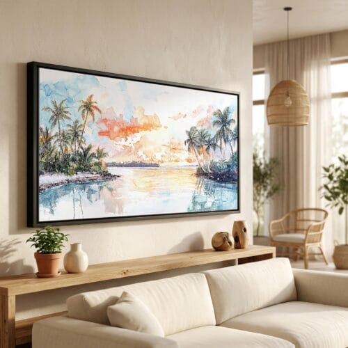 01 - Biscayne National Park Watercolor - Panorama Canvas Print in Scandi Living Room with Black Floater Frame - Main.jpg