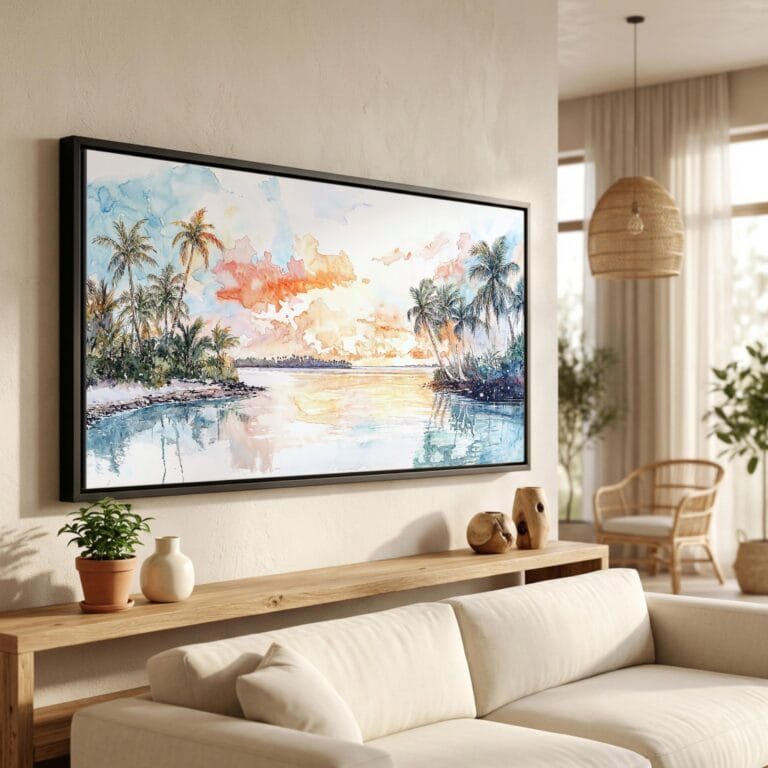 01 - Biscayne National Park Watercolor - Panorama Canvas Print in Scandi Living Room with Black Floater Frame - Main.jpg