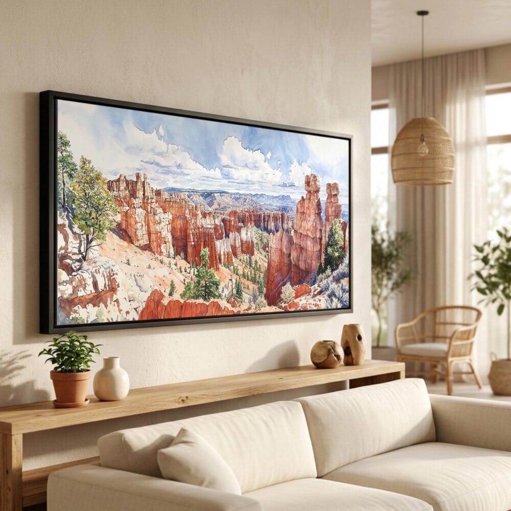 01 - Bryce Canyon National Park Watercolor - Panorama Canvas Print in Scandi Living Room with Black Floater Frame - Main.jpg