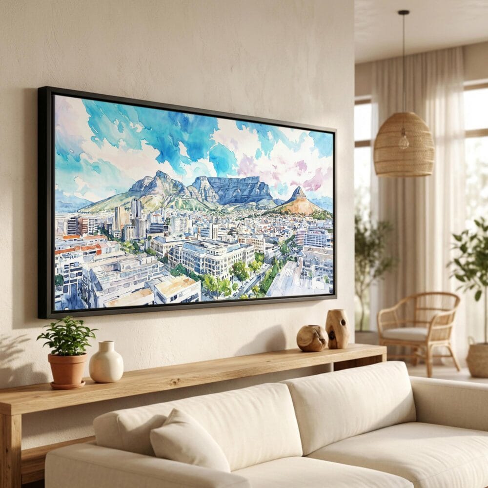 01 - Cape Town Watercolor - Panorama Canvas Print in Scandi Living Room with Black Floater Frame - Main.jpg