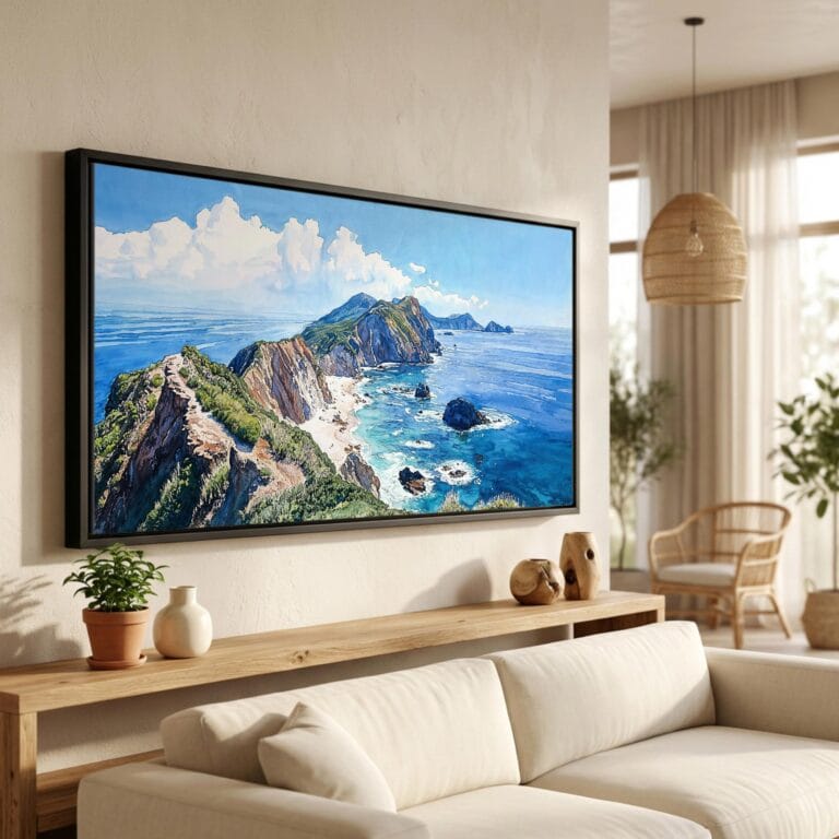 01 - Channel Island National Park Watercolor - Panorama Canvas Print in Scandi Living Room with Black Floater Frame - Main.jpg