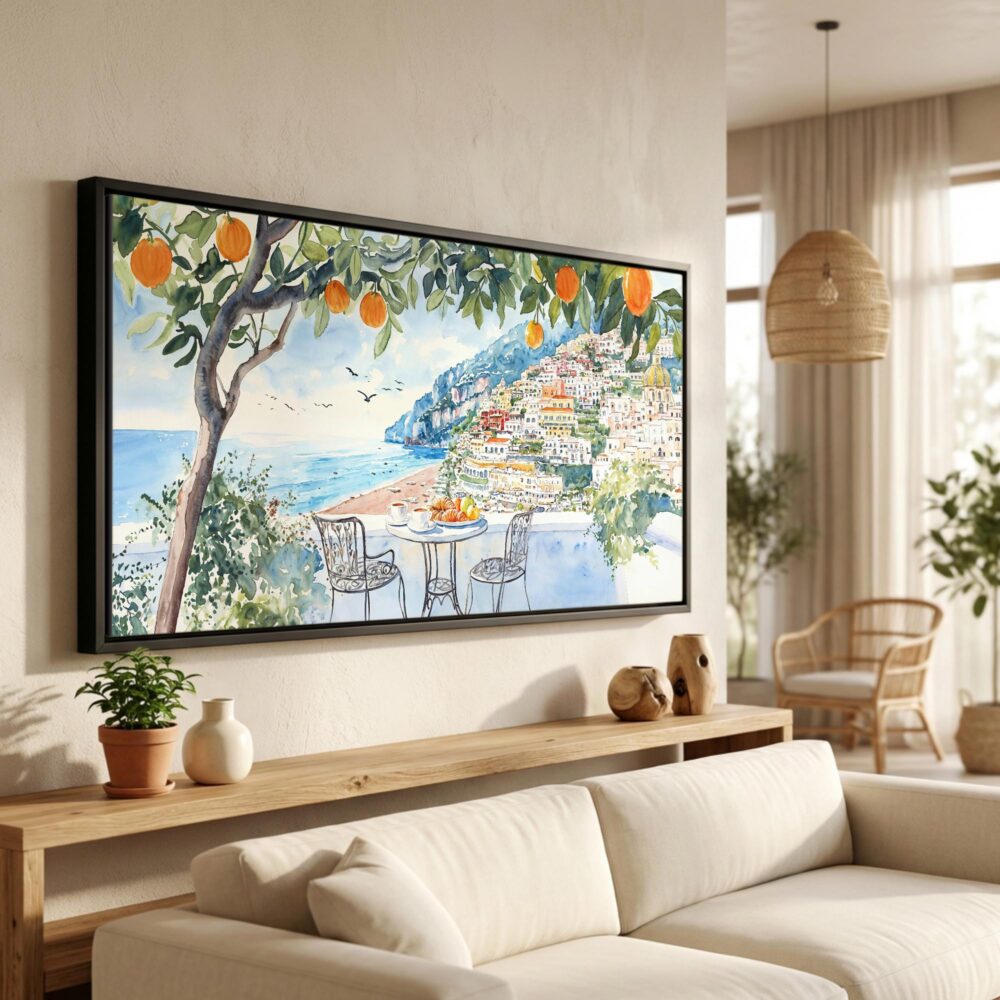 01 - Coffee at Amalfi Coast Watercolor - Panorama Canvas Print in Scandi Living Room with Black Floater Frame - Main.jpg