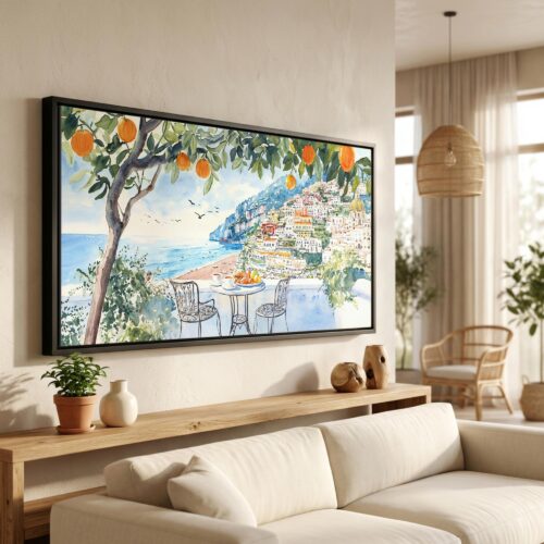 01 - Coffee at Amalfi Coast Watercolor - Panorama Canvas Print in Scandi Living Room with Black Floater Frame - Main.jpg