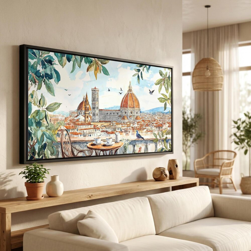 01 - Coffee in Florence Italy Watercolor - Panorama Canvas Print in Scandi Living Room with Black Floater Frame - Main.jpg
