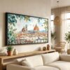 01 - Coffee in Florence Italy Watercolor - Panorama Canvas Print in Scandi Living Room with Black Floater Frame - Main.jpg