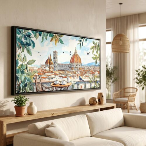 01 - Coffee in Florence Italy Watercolor - Panorama Canvas Print in Scandi Living Room with Black Floater Frame - Main.jpg