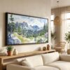 01 - Colorado Rocky Mountains National Park Watercolor - Panorama Canvas Print in Scandi Living Room with Black Floater Frame - Main.jpg