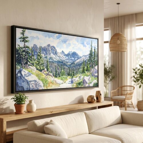 01 - Colorado Rocky Mountains National Park Watercolor - Panorama Canvas Print in Scandi Living Room with Black Floater Frame - Main.jpg