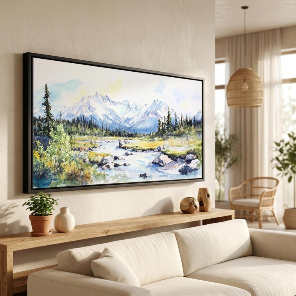 01 - Denali National Park Watercolor - Panorama Canvas Print in Scandi Living Room with Black Floater Frame - Main.jpg