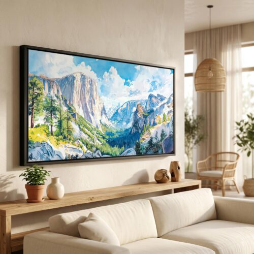 01 - El Capitan Yosemite National Park Panorama Watercolor Canvas Print in Scandi Living Room with Black Floater Frame - Main.jpg