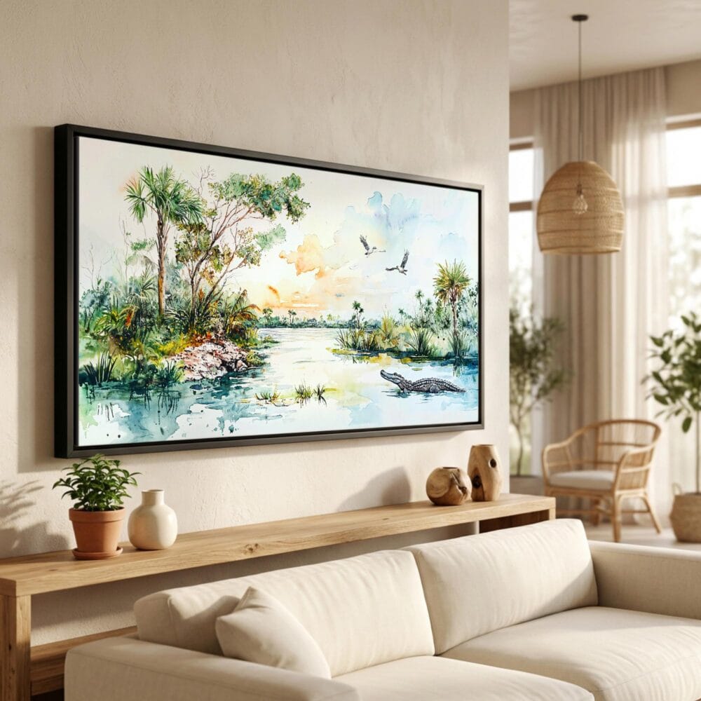 01 - Everglades national park panorama watercolor Canvas Print in Scandi Living Room with Black Floater Frame - Main.jpg 01 - Everglades national park panorama watercolor Canvas Print in Scandi Living Room with Black Floater Frame - Main.jpg