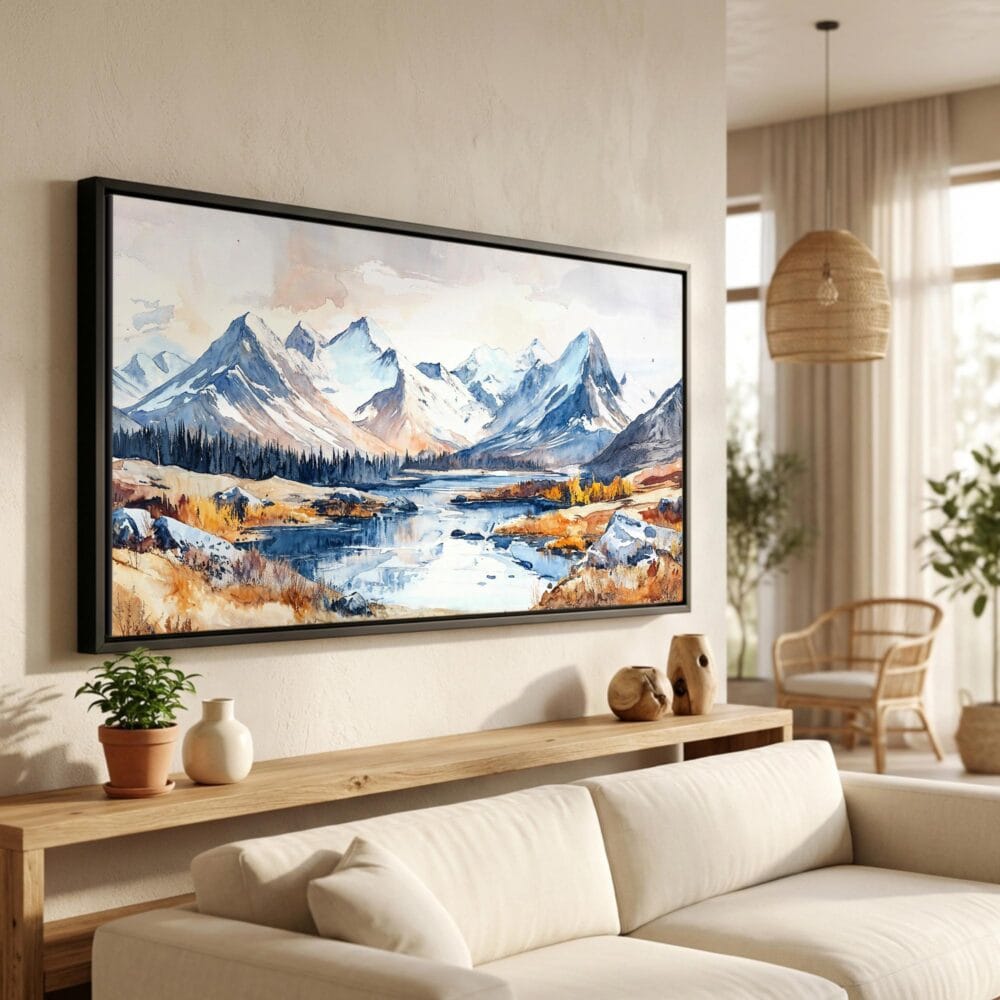 01 - Gates of the Arctic National Park Watercolor - Panorama Canvas Print in Scandi Living Room with Black Floater Frame - Main.jpg