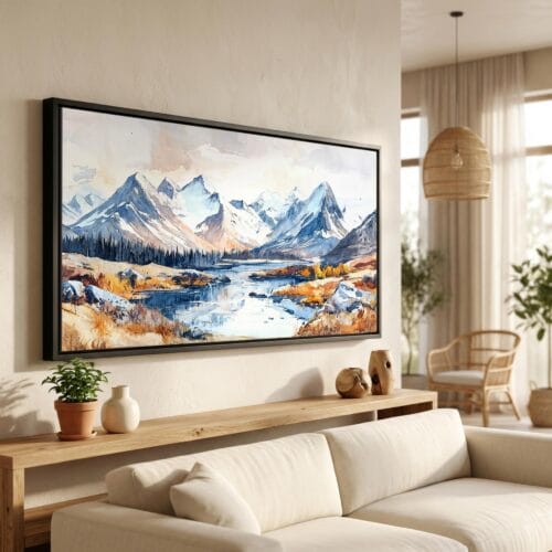 01 - Gates of the Arctic National Park Watercolor - Panorama Canvas Print in Scandi Living Room with Black Floater Frame - Main.jpg