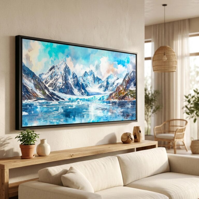 01 - Glacier Bay National Park Panorama Watercolor Canvas Print in Scandi Living Room with Black Floater Frame - Main.jpg