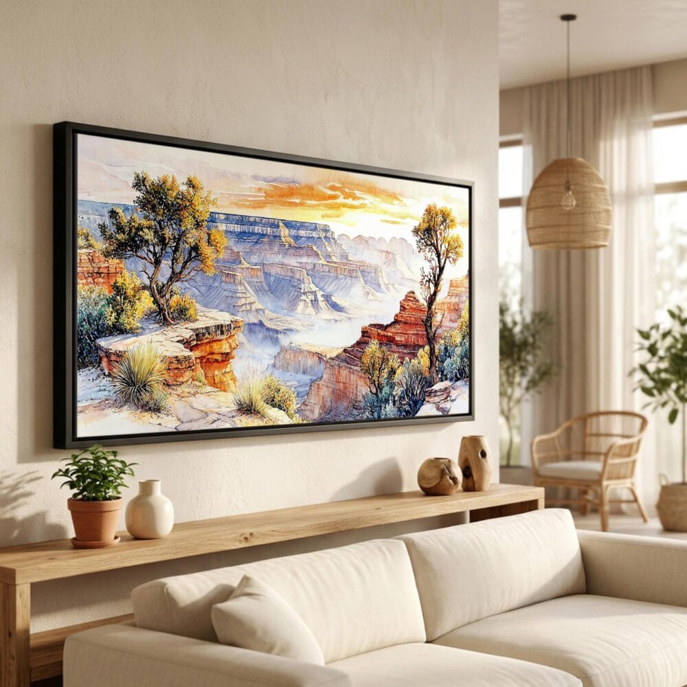 01 - Grand Canyon National Park Watercolor - Panorama Canvas Print in Scandi Living Room with Black Floater Frame - Main.jpg 01 - Grand Canyon National Park Watercolor - Panorama Canvas Print in Scandi Living Room with Black Floater Frame - Main.jpg