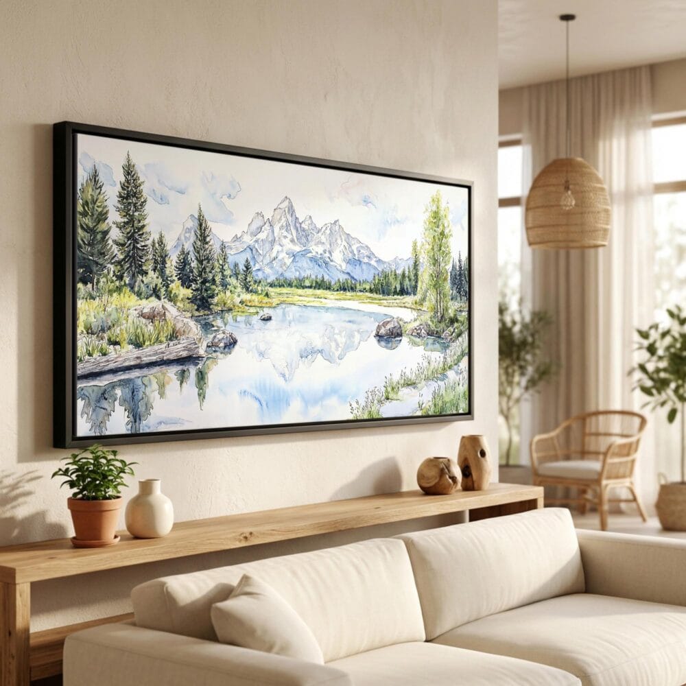 01 - Grand Teton National Park Watercolor - Panorama Canvas Print in Scandi Living Room with Black Floater Frame - Main.jpg
