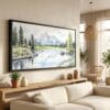 01 - Grand Teton National Park Watercolor - Panorama Canvas Print in Scandi Living Room with Black Floater Frame - Main.jpg