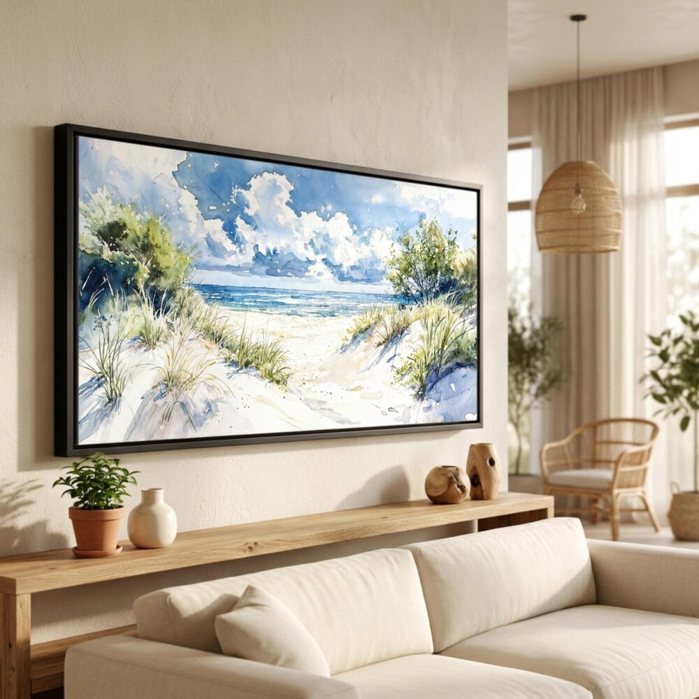 01 - Indiana Dunes National Park Watercolor - Panorama Canvas Print in Scandi Living Room with Black Floater Frame - Main.jpg