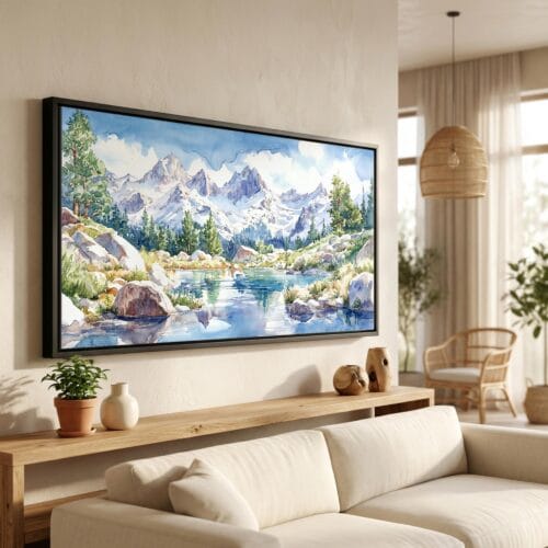 01 - Inyo National Forest Watercolor - Panorama Canvas Print in Scandi Living Room with Black Floater Frame - Main.jpg