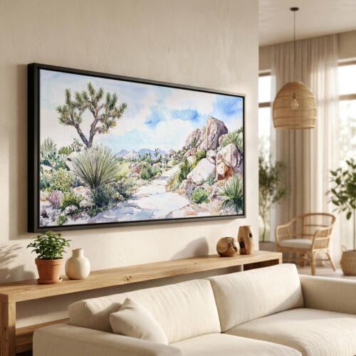 01 - Joshua Tree National Park Watercolor - Panorama Canvas Print in Scandi Living Room with Black Floater Frame - Main.jpg
