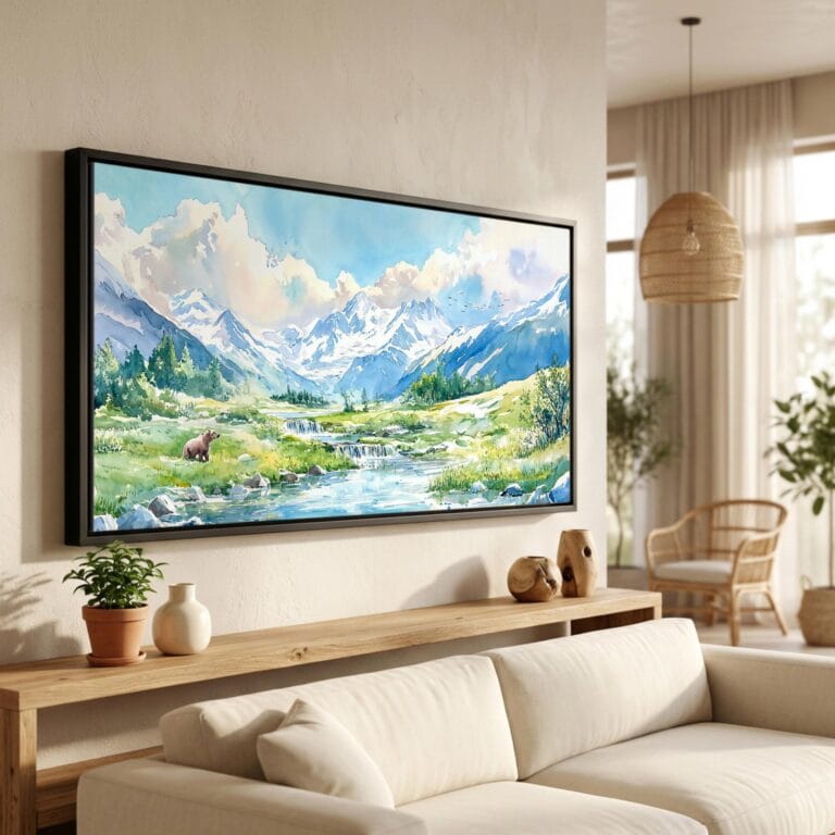 01 - Katmai National Park Panorama Watercolor Canvas Print in Scandi Living Room with Black Floater Frame - Main.jpg