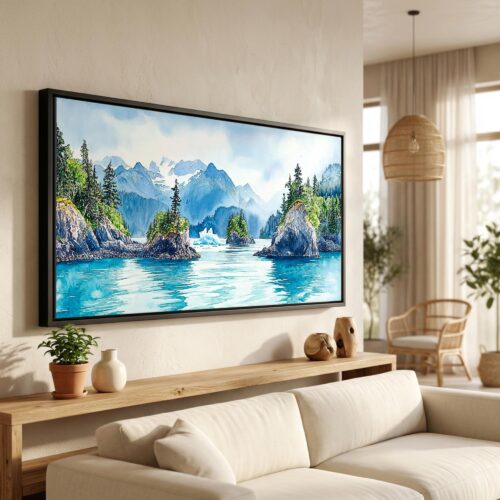 01 - Kenai Fjords National Park Panorama Watercolor Canvas Print in Scandi Living Room with Black Floater Frame - Main.jpg