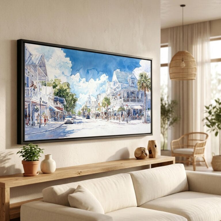 01 - Key West Florida Watercolor - Panorama Canvas Print in Scandi Living Room with Black Floater Frame - Main.jpg