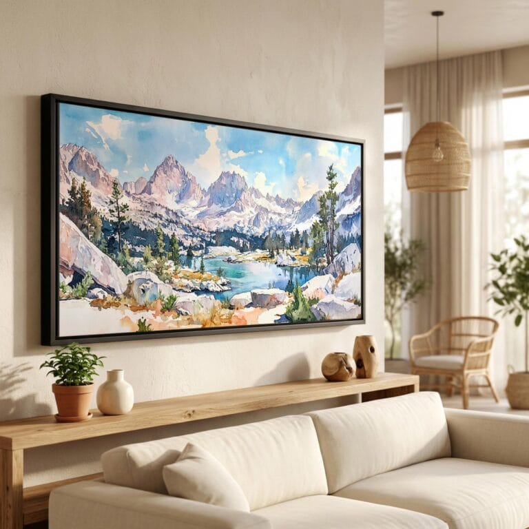01 - King Canyons National Park Panorama Watercolor Canvas Print in Scandi Living Room with Black Floater Frame - Main.jpg