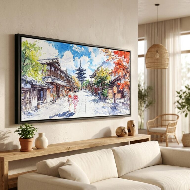 01 - Kyoto Japan Watercolor - Panorama Canvas Print in Scandi Living Room with Black Floater Frame - Main.jpg