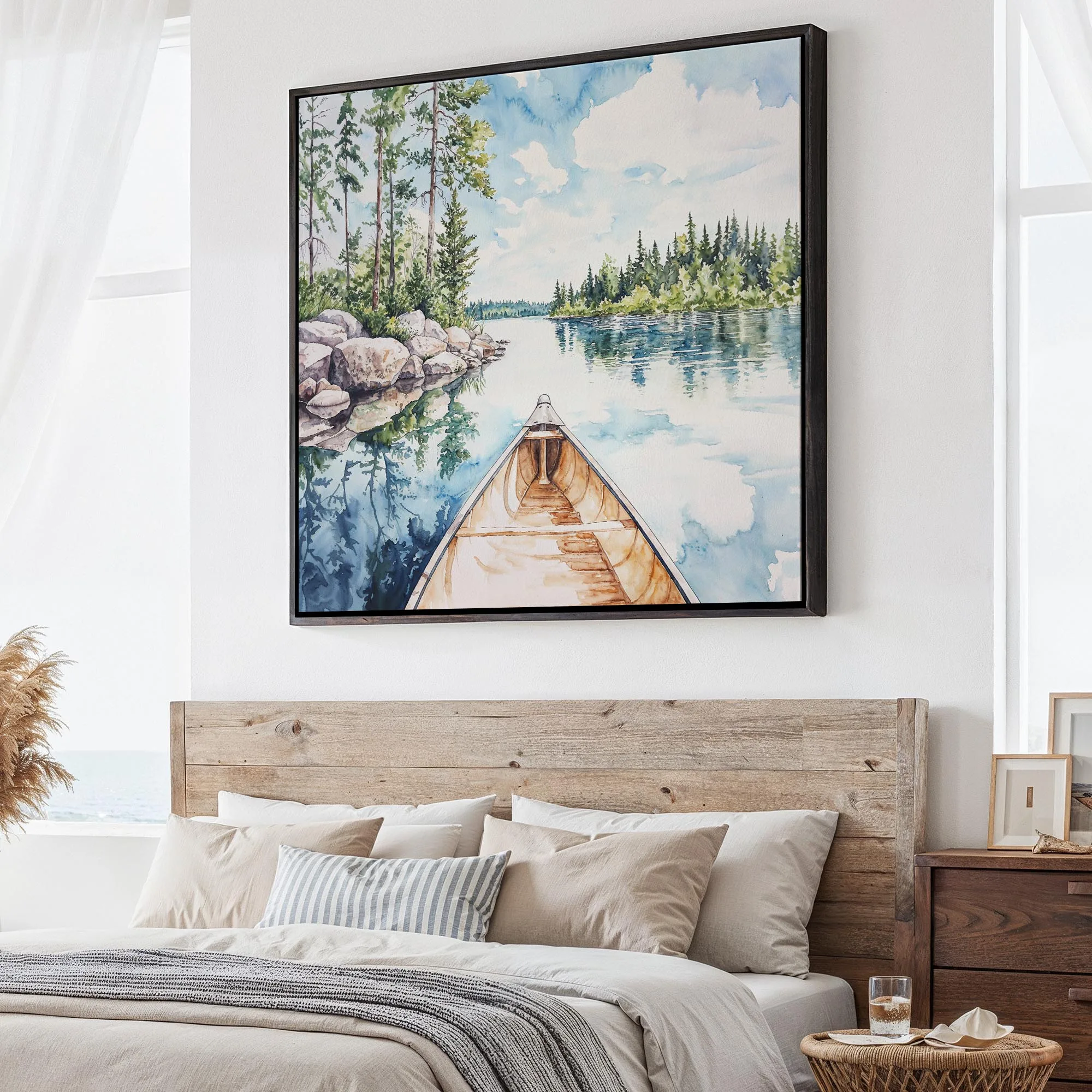 Boundary Waters Canoe Landscape Canvas Print | Natural Lakeside Scene in Watercolor Style