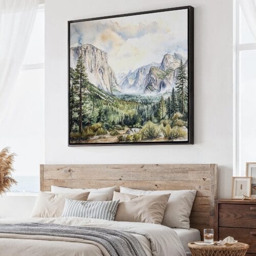 01 - Large El Capitan in Yosemite National Park Watercolor Style - Square Canvas Print - Main.jpg