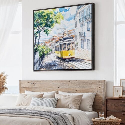 01 - Large Lisbon Portugal Yellow Tram Watercolor - Square Canvas Print - Main.jpg