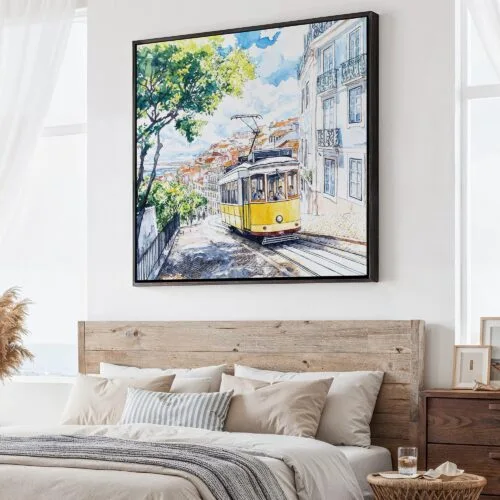 01 - Large Lisbon Portugal Yellow Tram Watercolor - Square Canvas Print - Main.jpg