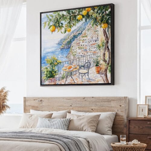 01 - Large Morning Coffee at Amalfi Coast Italy Watercolor - Square Canvas Print - Main.jpg