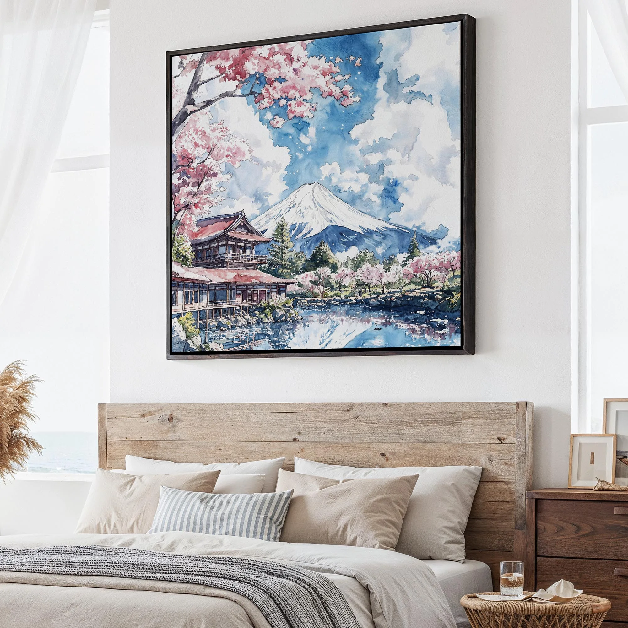 Mount Fuji Square Canvas Print | Japan Cherry Blossoms Artwork in Watercolor Style
