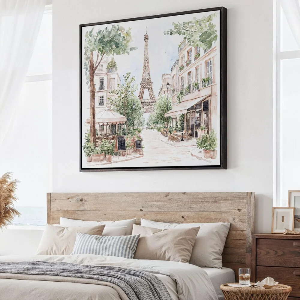 01 - Large Paris Cafe and Eiffel Tower Watercolor - Square Canvas Print - Main.jpg