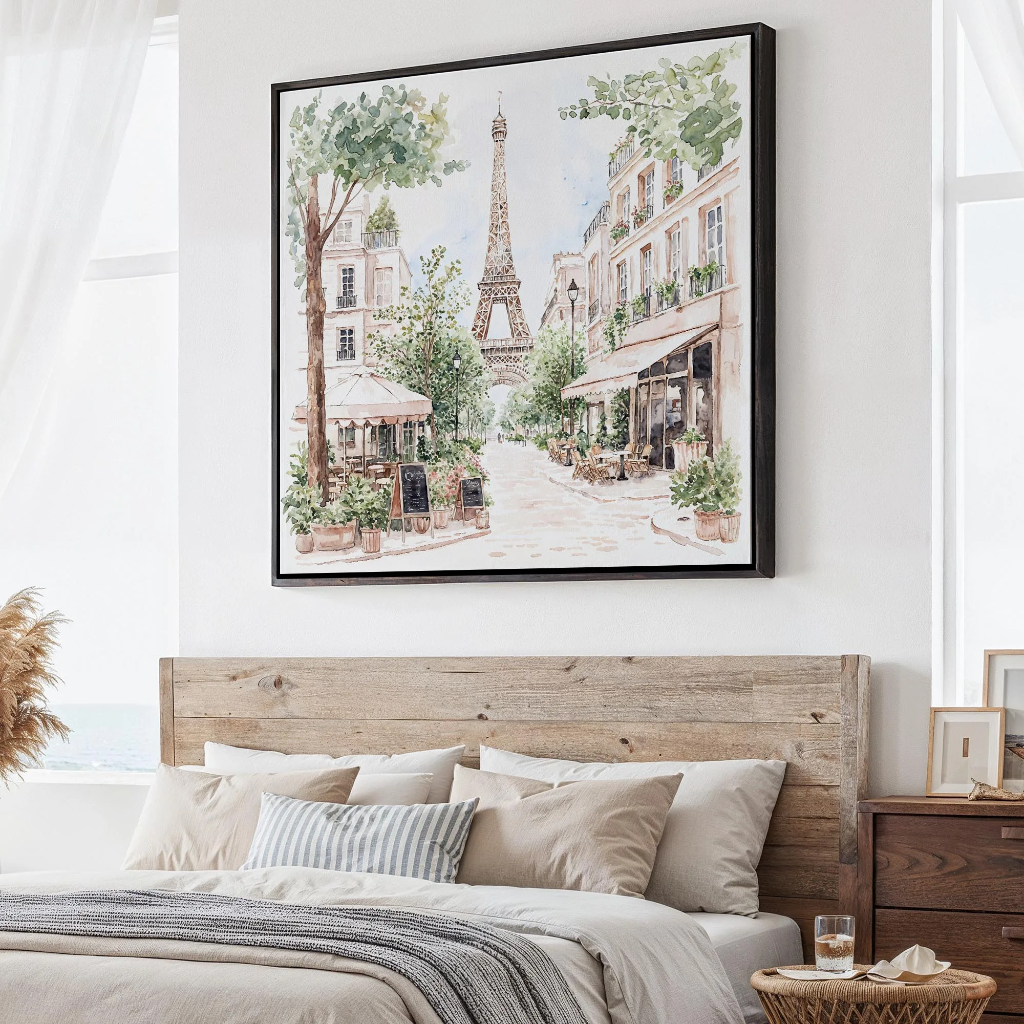 Paris Café Square Canvas Print | Watercolor Art of the Eiffel Tower and Streetscape