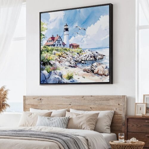 01 - Large Portland Maine Head Light Watercolor - Square Canvas Print - Main.jpg