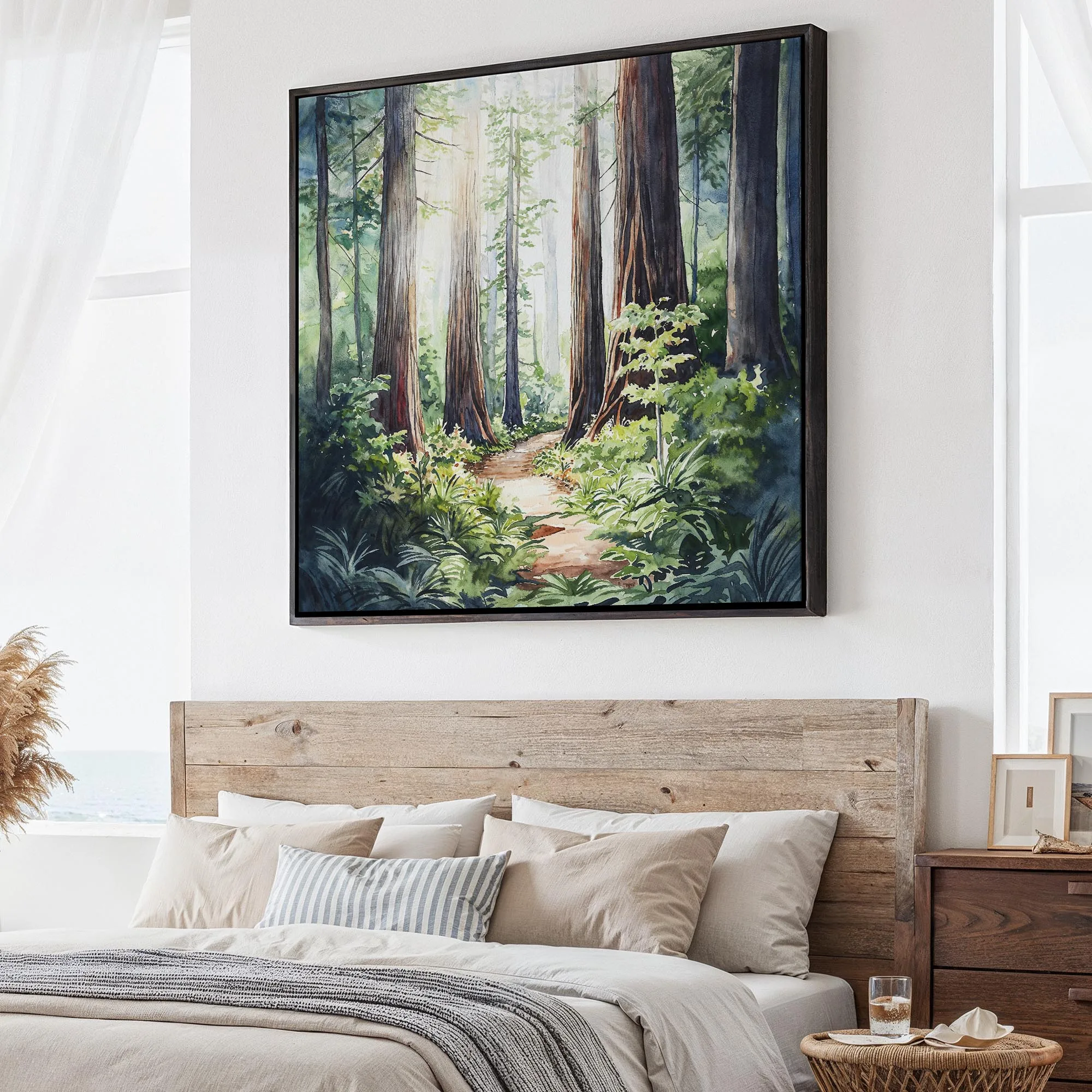 Large Redwoods National Park Watercolor Canvas Print | Square Wall Art of Enchanted Forest Path