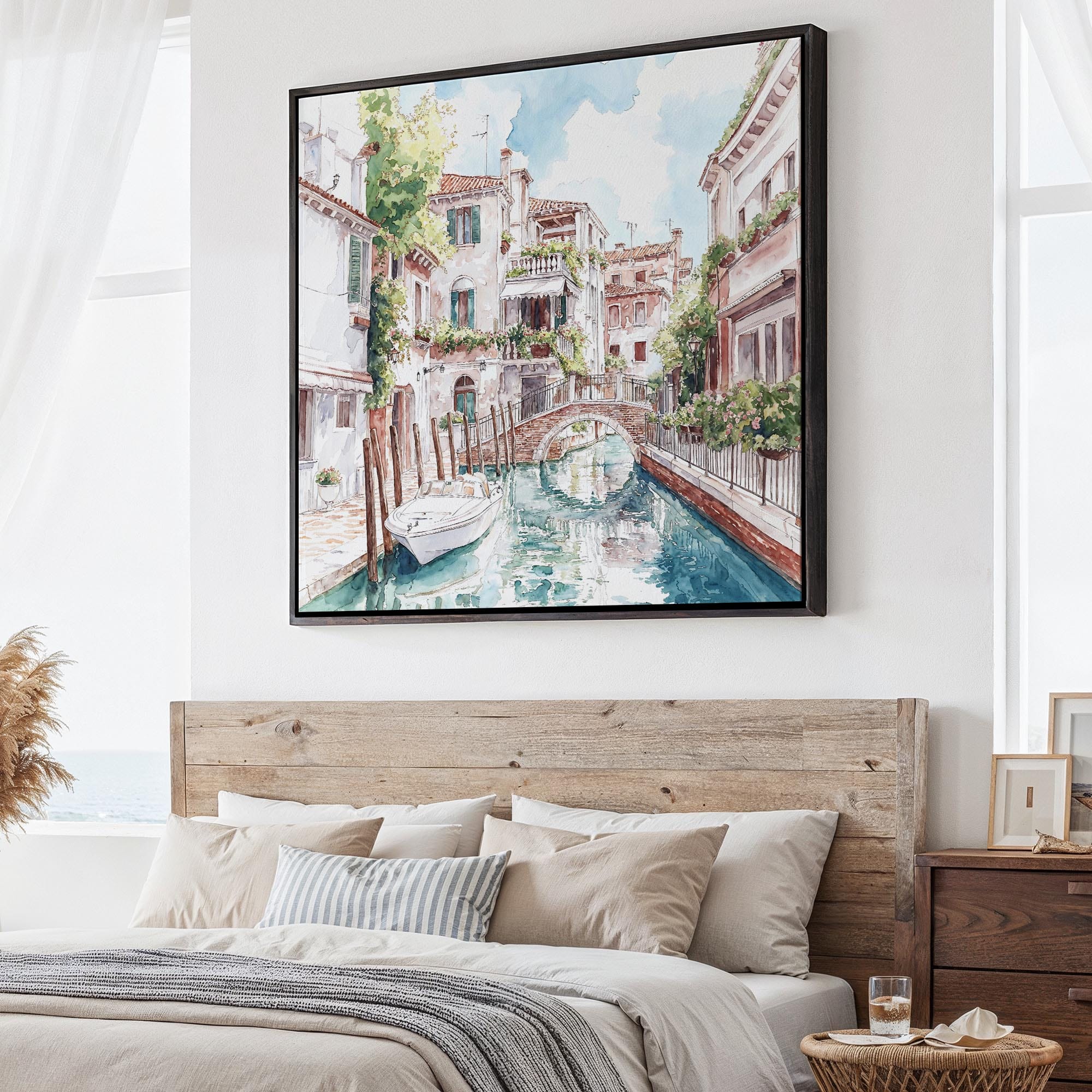 Venice Italy Canal Square Canvas Print | Charming Canal Scene with Boats in Watercolor Style 5 Venice Italy Canal Square Canvas Print | Charming Canal Scene with Boats in Watercolor Style