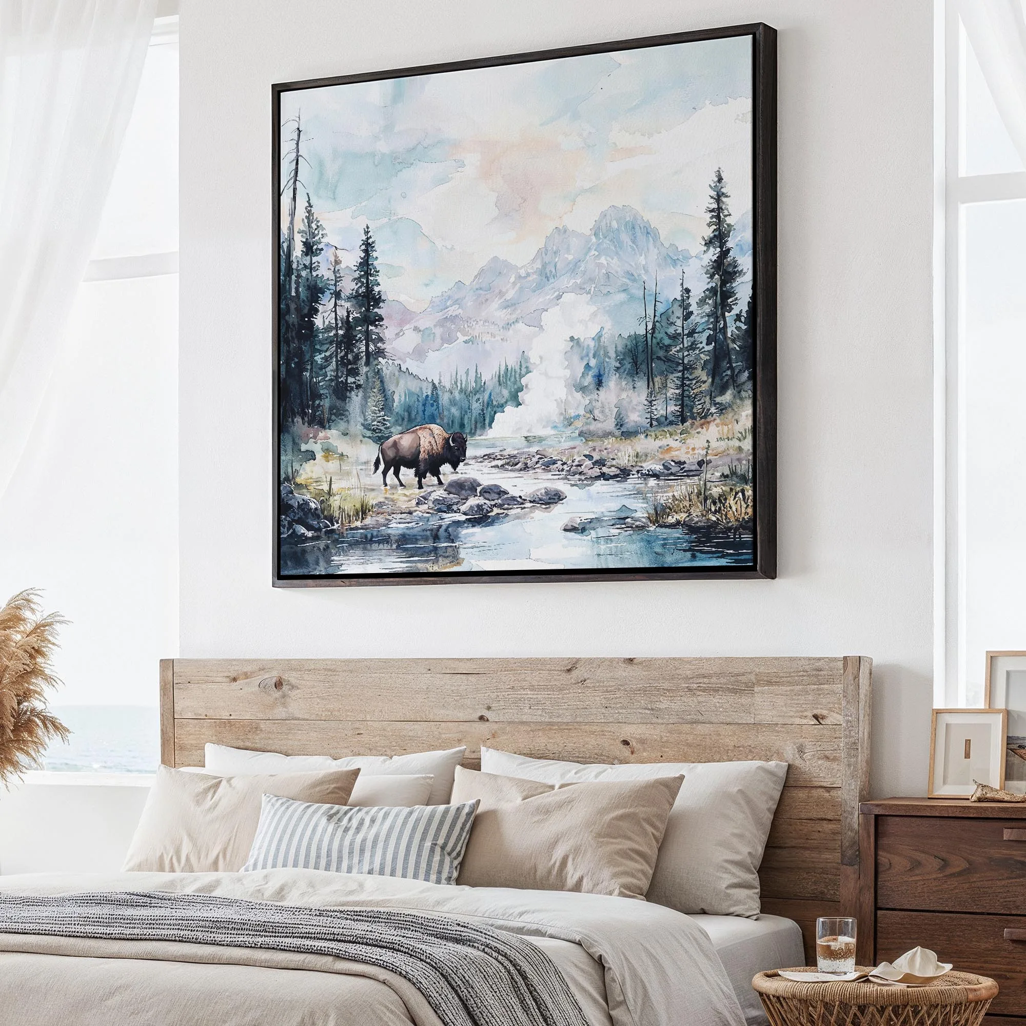 Large Yellowstone National Park Watercolor Canvas Print | Square Wall Art for Nature Lovers