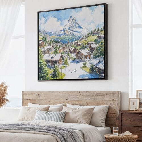 01 - Large Zermatt Switzerland Watercolor - Square Canvas Print - Main.jpg