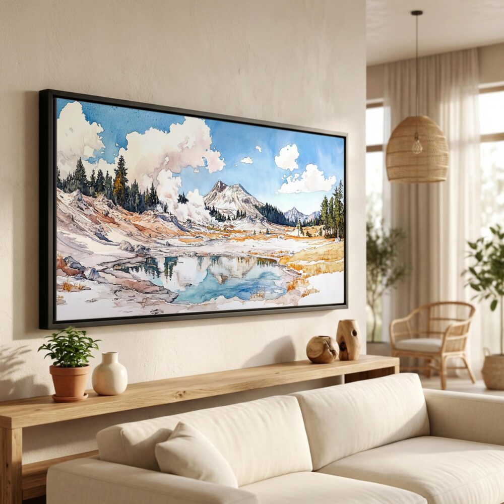 01 - Lassen Volcanic National Park Panorama Watercolor Canvas Print in Scandi Living Room with Black Floater Frame - Main.jpg 01 - Lassen Volcanic National Park Panorama Watercolor Canvas Print in Scandi Living Room with Black Floater Frame - Main.jpg