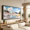 01 - Lassen Volcanic National Park Panorama Watercolor Canvas Print in Scandi Living Room with Black Floater Frame - Main.jpg