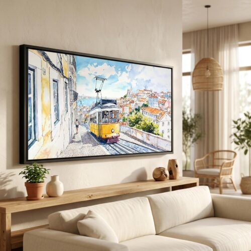 01 - Lisbon Portugal Yellow Tram Watercolor - Panorama Canvas Print in Scandi Living Room with Black Floater Frame - Main.jpg