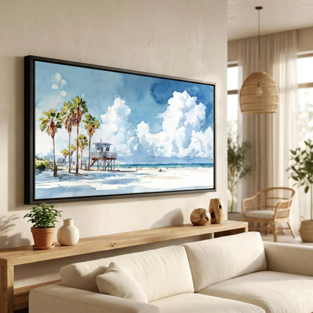 01 - Los Angeles Beach Watercolor - Panorama Canvas Print in Scandi Living Room with Black Floater Frame - Main.jpg 01 - Los Angeles Beach Watercolor - Panorama Canvas Print in Scandi Living Room with Black Floater Frame - Main.jpg
